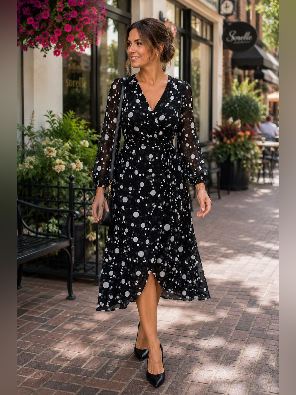Frank Lyman Montréal Black White Polka Dot Faux Wrap Midi Dress Tie Waist Size 8